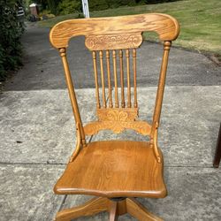 Vintage Golden Oak Pressed Back Office Desk Chair On Casters 
