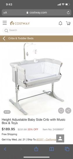 Cost way Baby Height Adjustable Baby Side Crib With Music Box And Toys