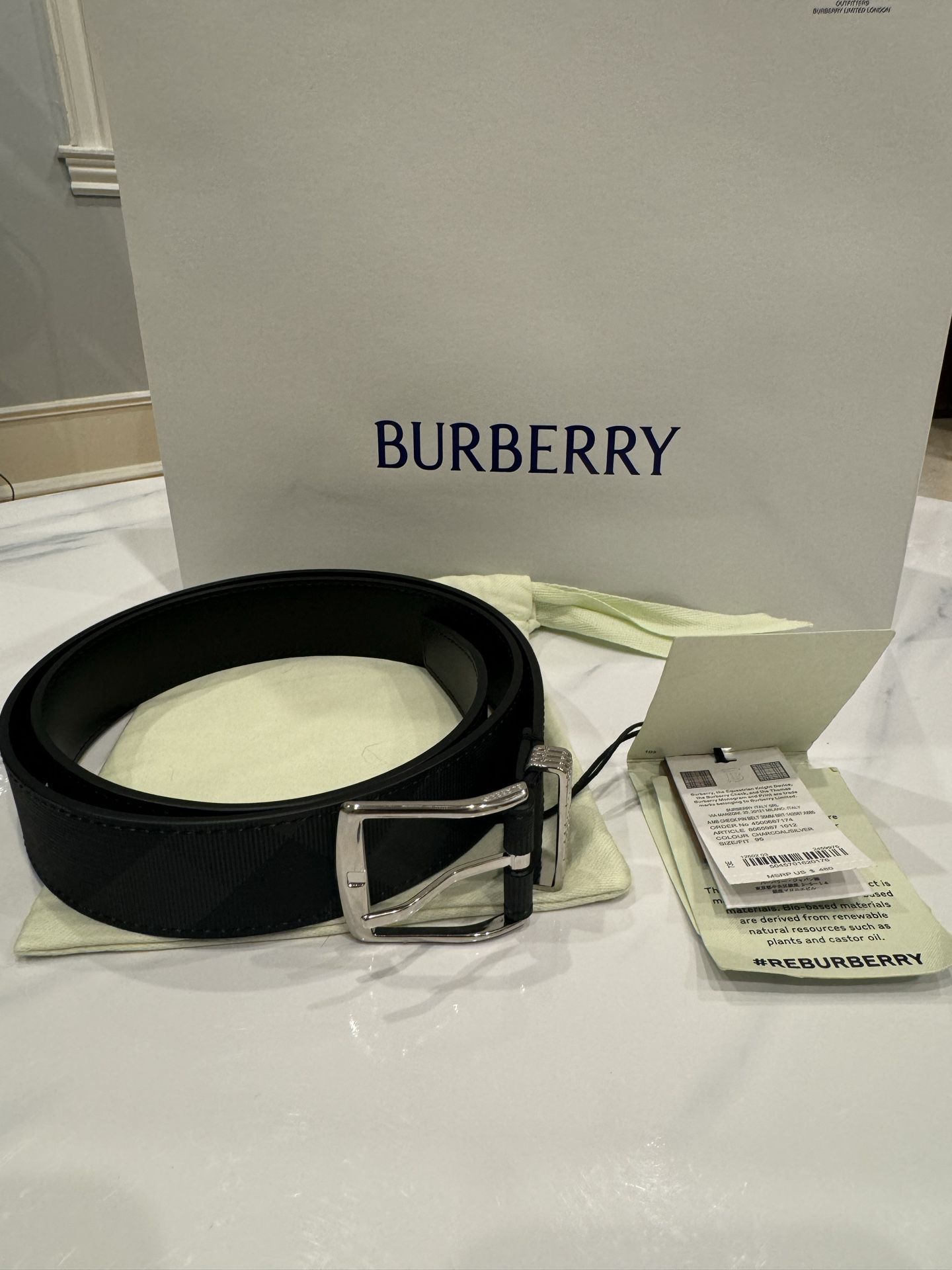 Men’s Burberry Check belt (charcoal/silver) Brand new