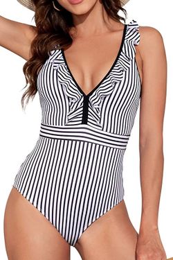 Lot of 33 Women's One Piece Swimsuits, Ruffled V Neck Design, Strapy Open Back