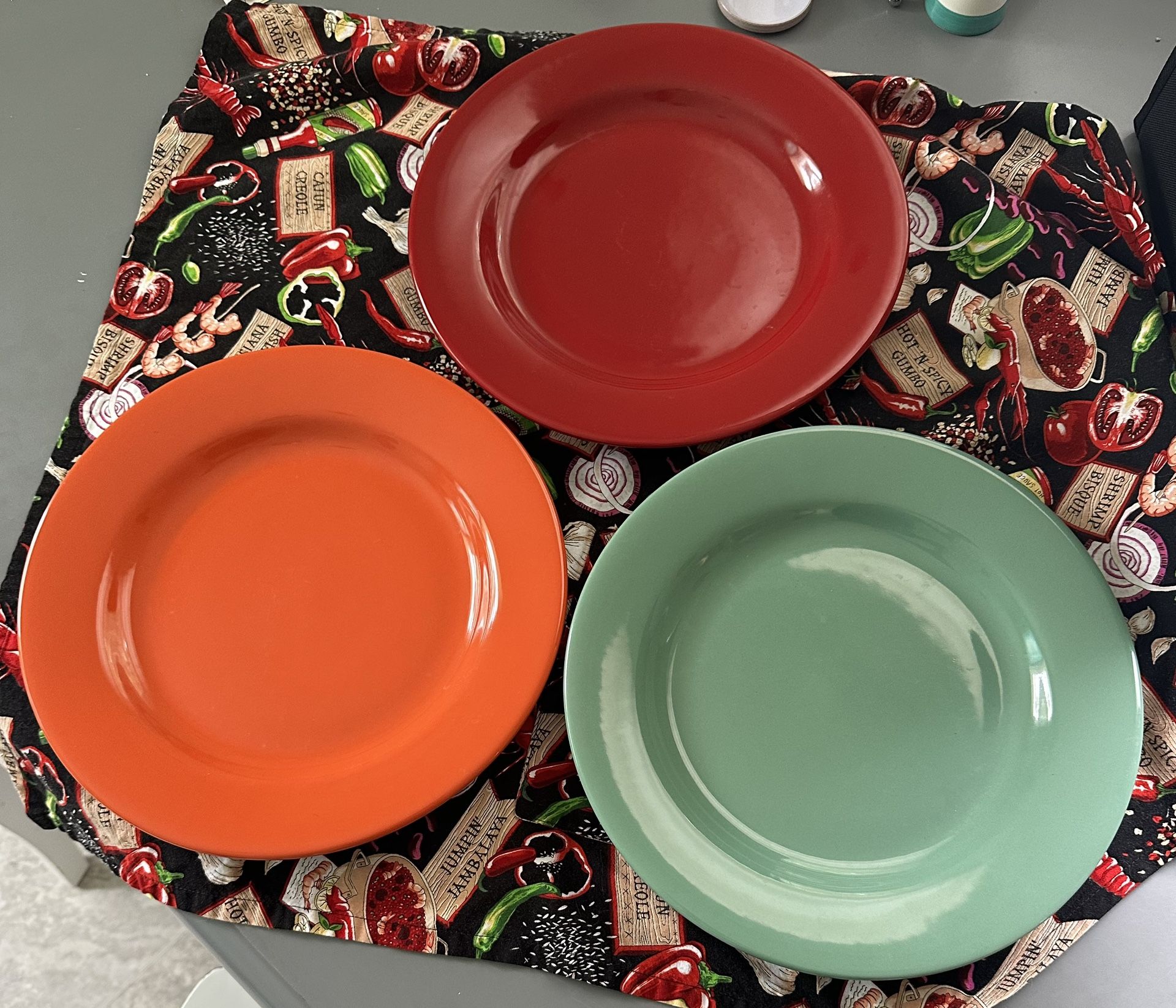 3 Fish’s Eddy Dinner Plates; 11”; 1 Red 1 Green 1 Orange