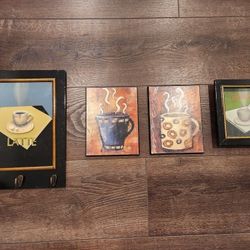 4 vintage coffee-themed wall art, 2 raised 3D designs, 2 paintings, mocha and latte etc, 14"×10", 8"×8", 8.5"×6.5", good condition   