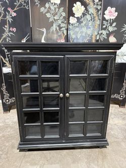 Ballard Designs Black Glass Door Accent Cabinet | Storage Cabinet | Bar Cabinet