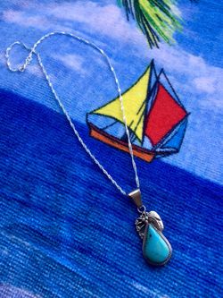 Sterling Silver necklace with Silver Grape leave and blue gemstone pendant / LOVE SILVER * 🌿🌸🌿