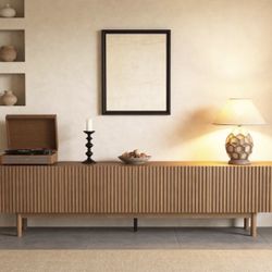 86.6" Extra Long Wood TV Stand for 90 Inch TV Slatted Media Console Entertainment Center with Removable Shelves Walnut