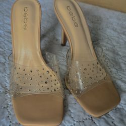 Bebe Nude & Clear Mule Heels with Rhinestones - Size 7