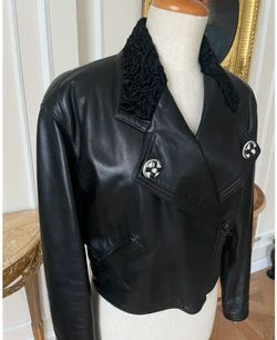 Authentic Gianni Versace Black Leather Bomber Jacket with Embellished Buttons
