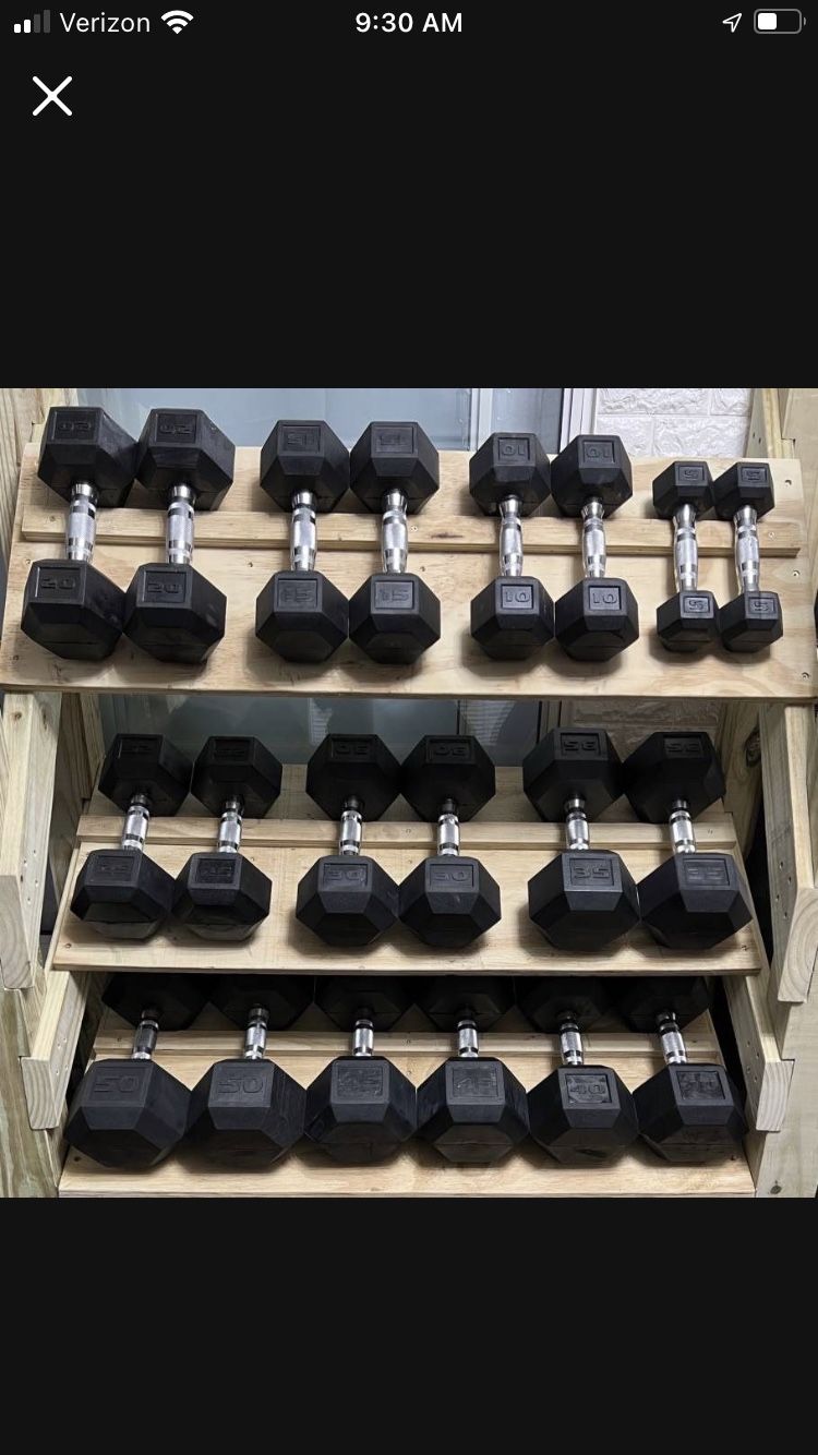 Complete Set Of 10 Pairs Of Rubber Hex Dumbbells - 5’s To 50’s