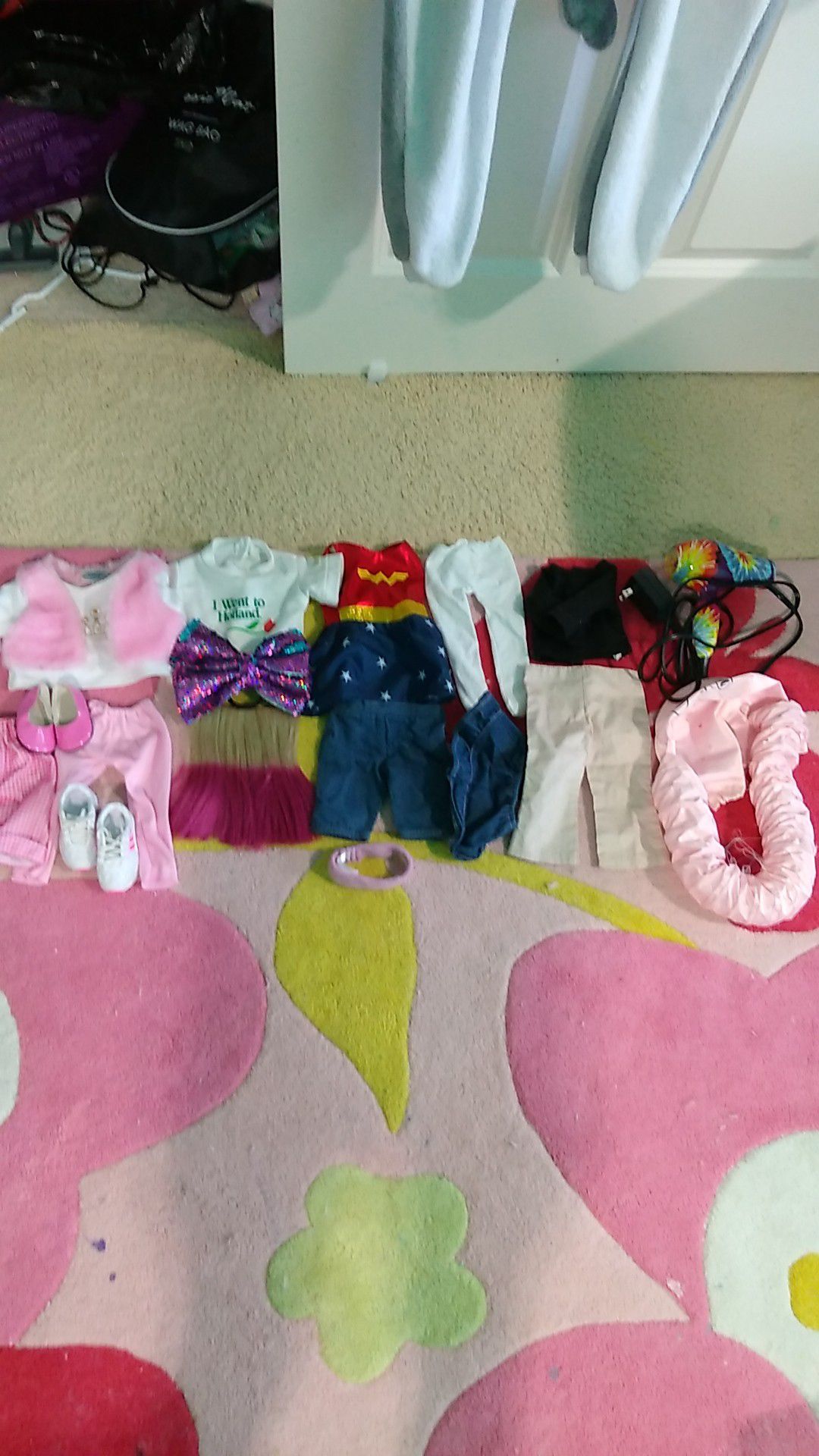 Doll clothes lot American girl and others also shoes and bow and tow other things look at photos blow drier never used , read the description