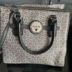 GUESS Logo Gray/Black PVC Satchel Handbag with Crossbody Strap