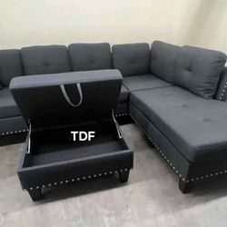 Brand New Grey Linen Sectional Sofa +Storage Ottoman (New In Box)