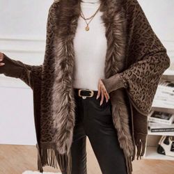 One Size Print Fuzzy Trim Fringe Hem Batwing Sleeve Cardigan, Women's Casual Colorblock Fluffy Spring/Autumn, Fringe Batwing Sleeve Regular Fit Multi