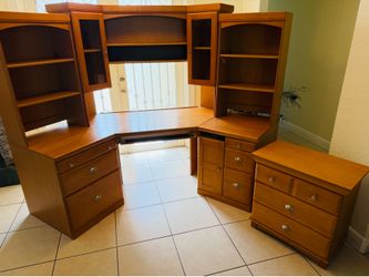 DeFehr Matching Executive Corner Desk, Armoire & Nightstand Set – Honey Maple Finish - $650