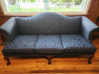 Camelback Sofa Blue Damask Upholstery