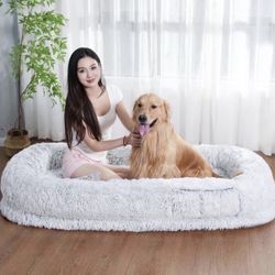 Extra Large Human Dog Bed For People Adults, 73x47x12 Inch Human Sized Dog Bed | With Blanket Attached Pillow, Washable Giant Dog Bed For Humans Adult