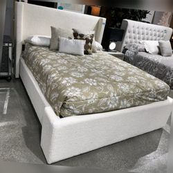 White Boucle fabric platform modern Queen bed frame