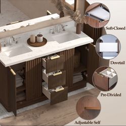 60" Espresso Double Bathroom Vanity Cabinet w Marble Countertop & Square Sinks