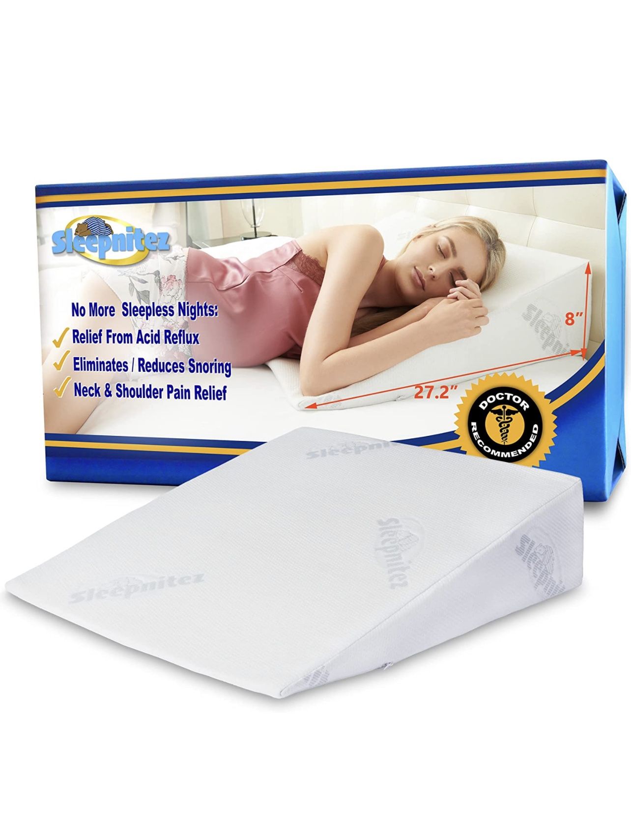 Sleepnitez 8” Bed Wedge Pillow for Sleeping After Surgery Luxurious 3.25" Memory Foam Top Layer,