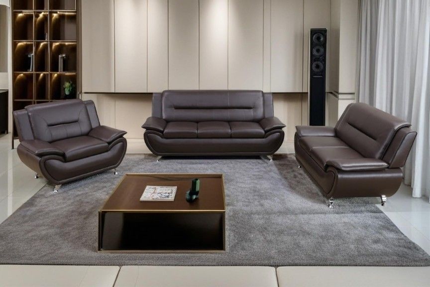 Brown Modern Faux Leather 3 PCs Sofa Set