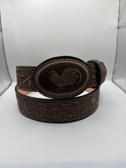Size 34 Brown Leather Embroidered Belt with Rooster Buckle