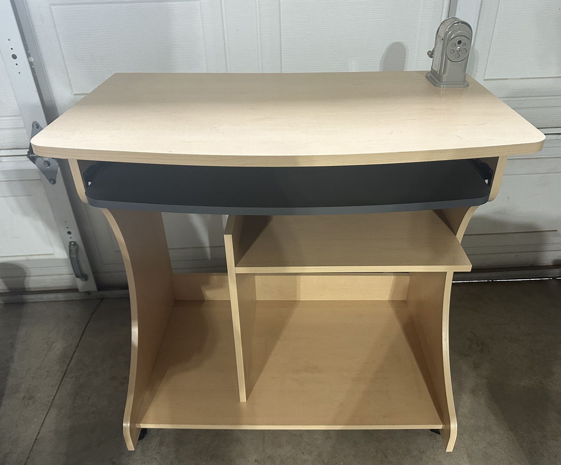 Light Wooden Computer Desk with Pull-Out Keyboard and lower shelves