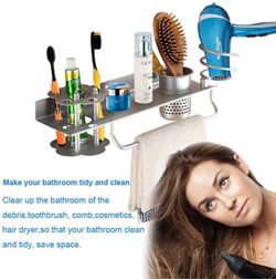 Bathroom Hair Dryer Holder Hair Blow Dryer Comb Holder Organizer Shelf Rack Stand Wall Mounted Hanging Rack with Cup Space Aluminum (with Toothbrush H Thumbnail