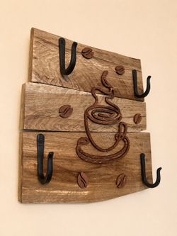 Reclaimed Wood Coffee Mug Rack | Rustic Mug Holder with 4 Hooks | Coffee Bar Wall Decor | Carved Cup & Bean Accents | Farmhouse Kitchen