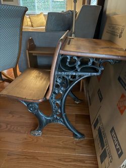Antique Cast Iron and Wood school desk with attached seat