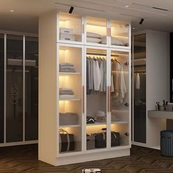 White Wardrobe Closet Armoire with Glass Doors, Shelves, Hanging Rod & Light