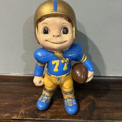 VTG 11” Football Boy Ceramic Statue  Blue Yellow/Gold  Number 77