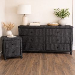 Vintage Black Wicker Dresser & Nightstand Set