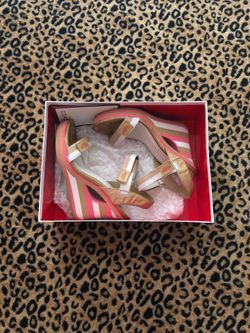 Coach Pink & Tan Mylar Striped Wedge Sandals