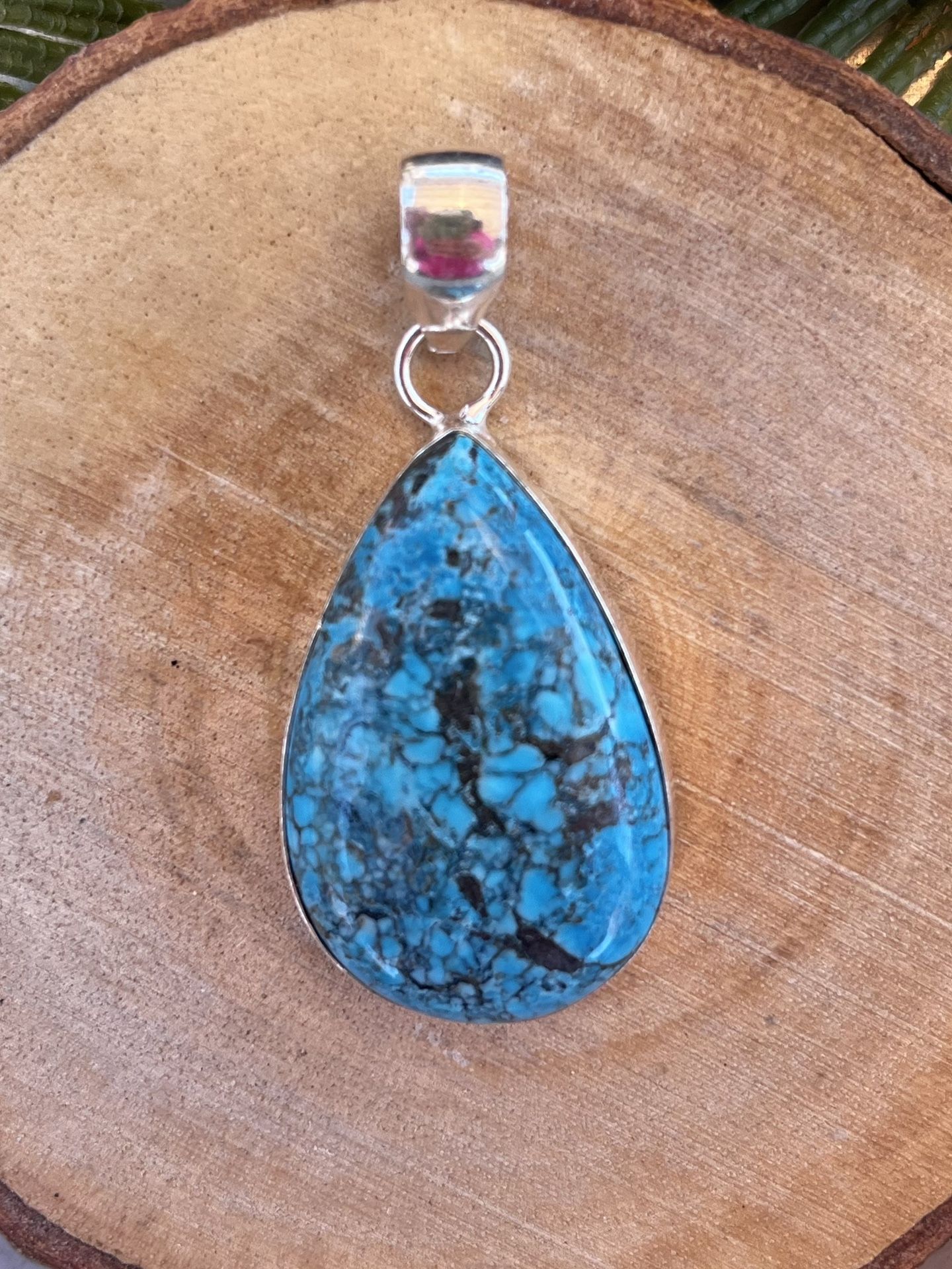 Natural Genuine Turquoise Teardrop Gemstone Sterling Silver 2” Pendant