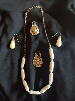 Women's pearl and silver earrings and necklace set