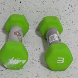 2x Dumbbells 3lb Each. Lime Green. New But Have Some Discoloration By Being In Storage And 1 Has A Bit Of Paint On One Side