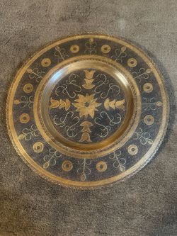 Beautiful Vintage Collectible MCM Polish Cepelia Folk Art Etched Brass Tray / Talerz