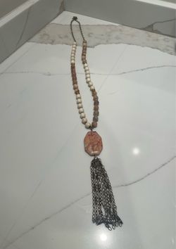 Beaded Stone Pendant Tassel Necklace