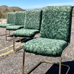 ( Set Of 4 ) Gold Brass Cantilever Dining Chairs With Green Cushions 