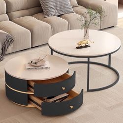 28 Inch Modern Coffee Table with Metal Frame and Drawer Set of 2