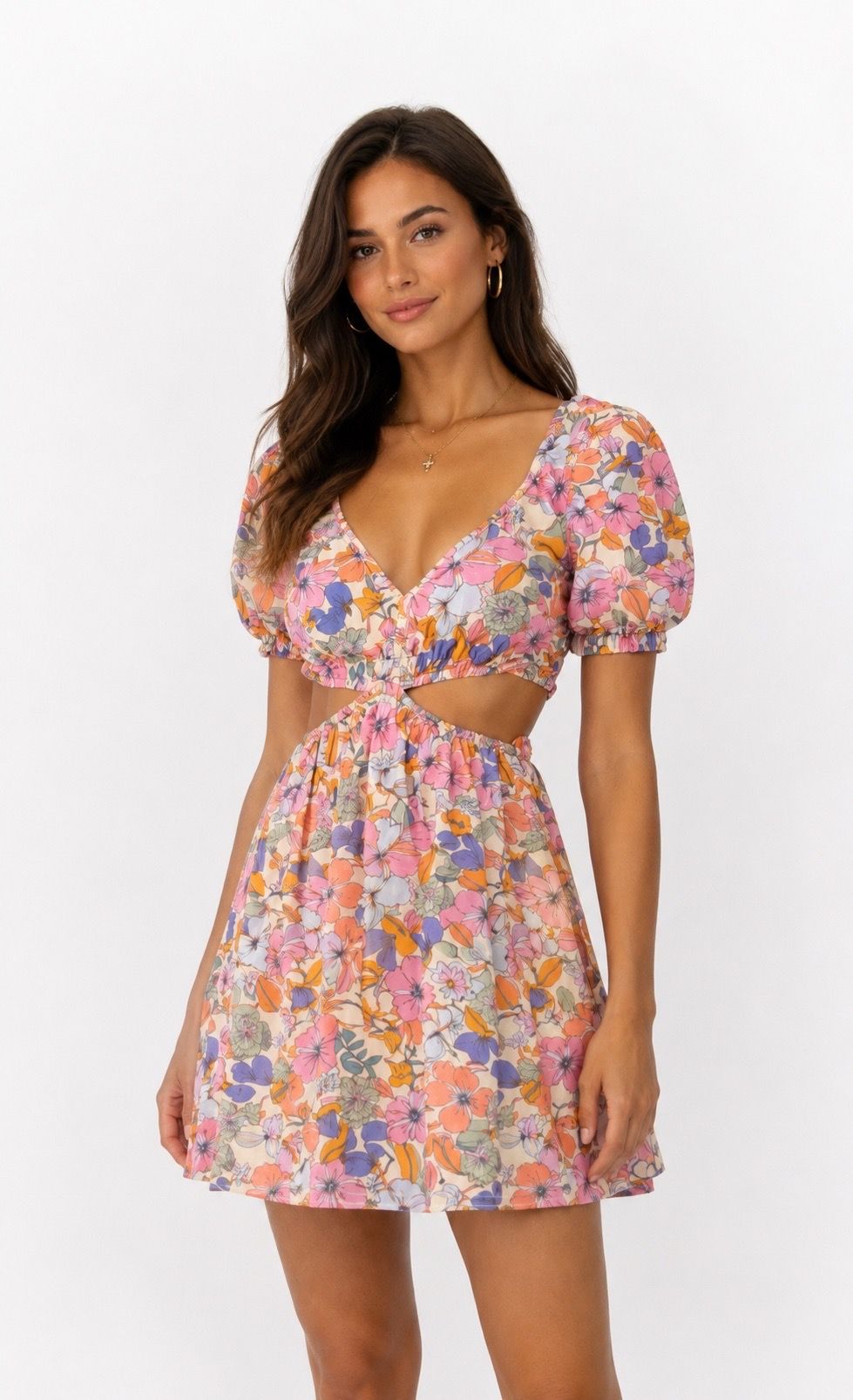 Sincerely Jules Floral Cutout Mini Dress Womens Size S Puff Sleeve Linen Blend