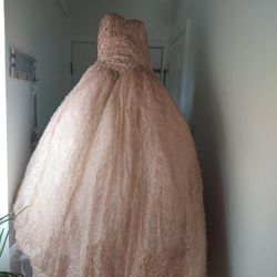 Rose Gold Pink Pearled XV Dress and Cape