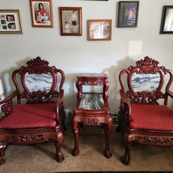 Chinese Rosewood  And Marble Chairs And Table
