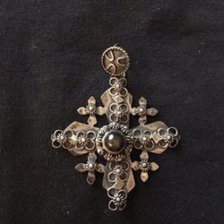 Vintage Hecho En Mexico Sterling Cross w/ Tigers Eye Charm 