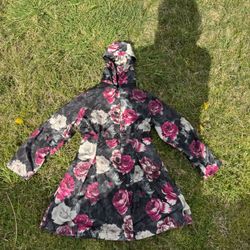 Women's Black Pink White Floral Hooded Button Rain Coat Mid-Length Long Sleeve