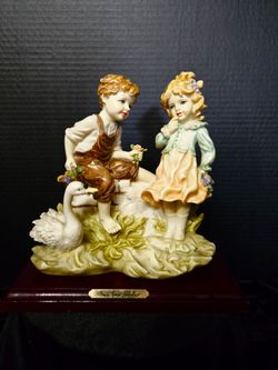 Vintage Alabaster figurine,young boy& girl next to swan, "Monti Piero Alabastro" 9"×10"