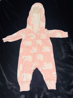 Baby Fleece Hooded Zip Romper Pink Bear Print