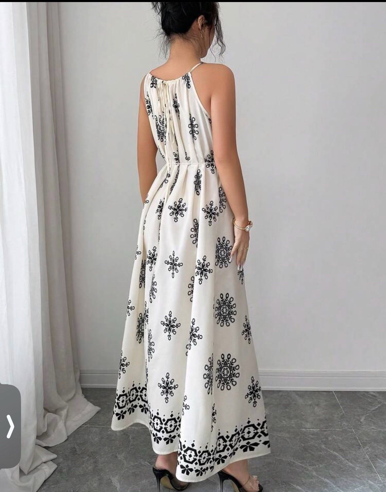 White halter neck maxi dress white black pattern