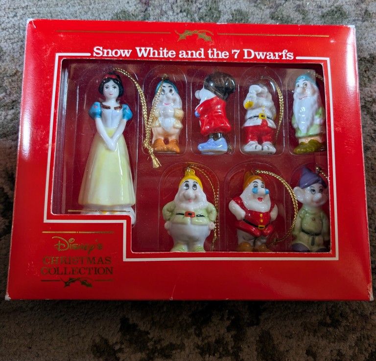 Vintage Disney Snow White & The 7 Dwarfs Bone China Christmas Ornament Set. 