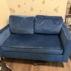 Blue Velvet Loveseat With Gold Legs 