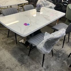 [set of 5],63 in. Pandora Pattern Rectangle Sintered Stone Top Pedestal Black Carbon Steel Base Dining Table With 4 Chairs  $399  Warehouse Address: 2